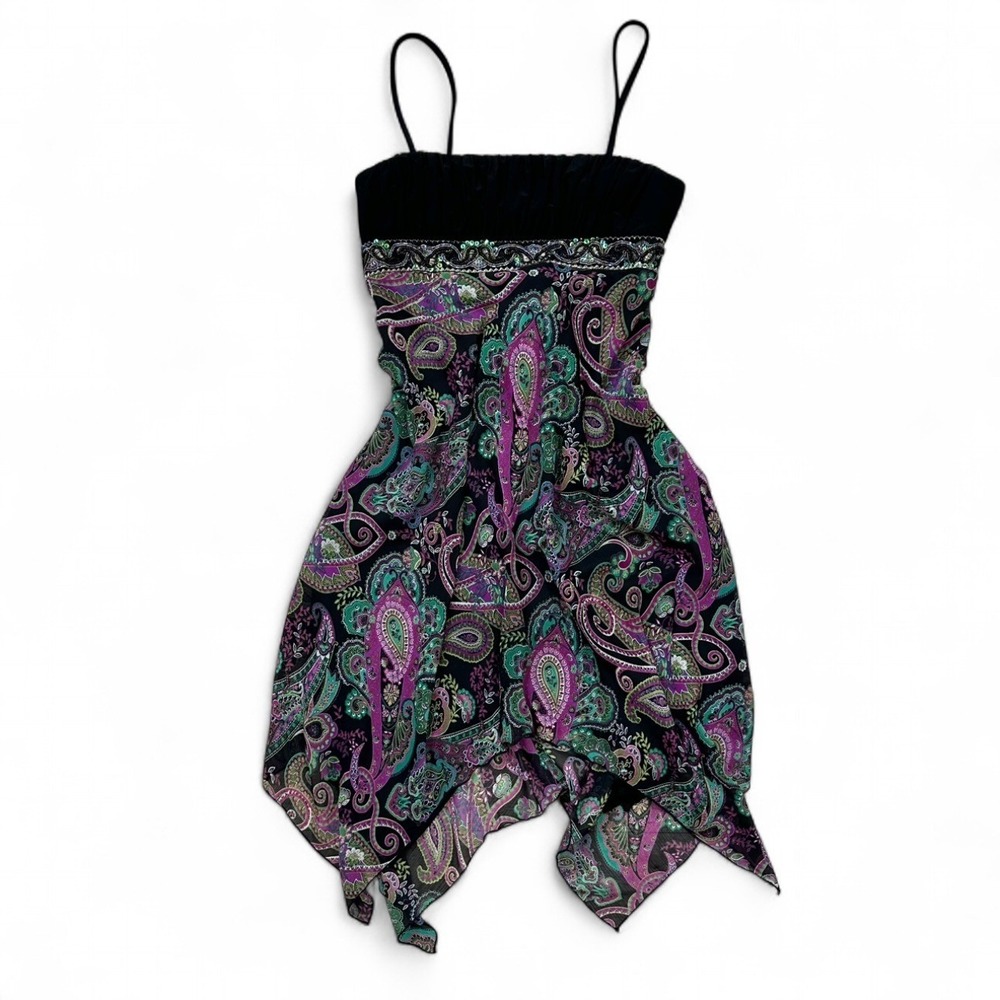 Y2K City Triangles Paisley Beaded Chiffon Asymmetrical Dress Whimsical Fairy Sml